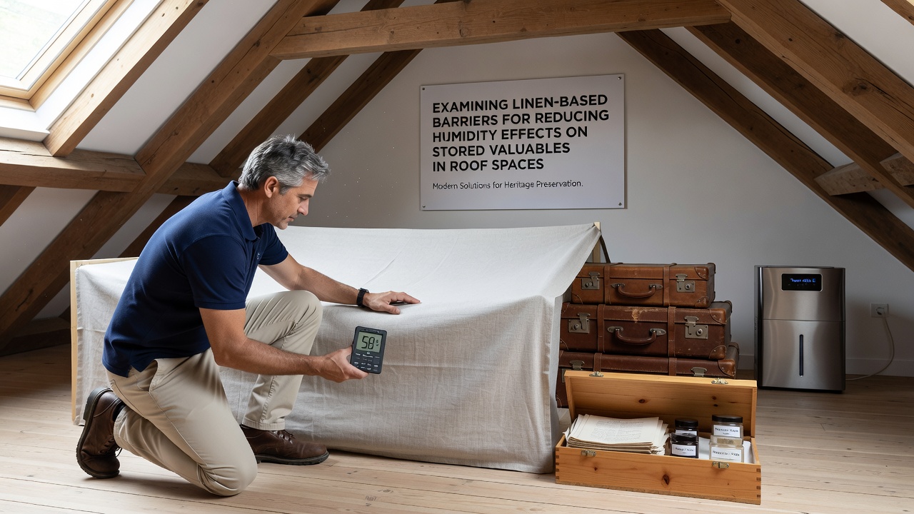 Close-up view of linen fabric barrier protecting antique books and documents from attic humidity