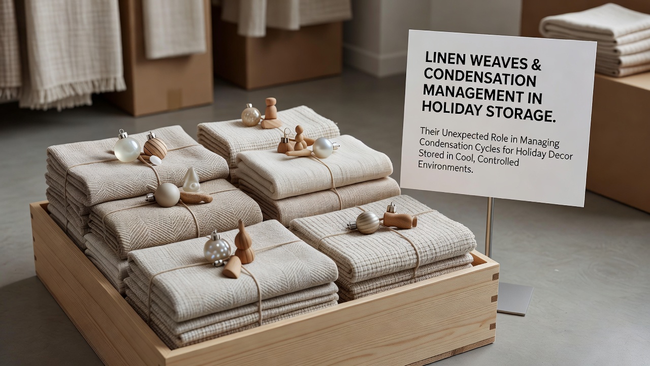 Stored holiday decorations wrapped in linen fabric within an attic compartment demonstrating moisture management